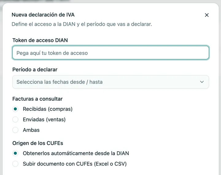 Ventana «Nueva declaración de IVA» en Facik: campo para pegar el enlace de acceso de la DIAN, período a declarar y qué facturas consultar (recibidas, enviadas o ambas)